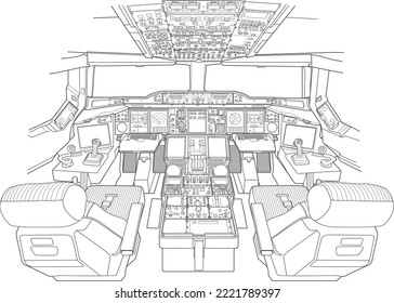 Big 4 engine airplane cockpit line illustration