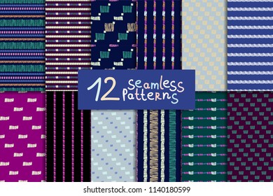 Big abstract colorful seamless pattern set, twelve vector striped ornaments. Digital paper collection.