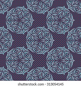 Big abstract flowers on violet dots background, seamless vector pattern, print, wallpaper, vintage style, design tile, repeating paper, fabric