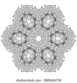 Big abstract mandala with floral pattern on white isolated background. Suitable for coloring book pages.