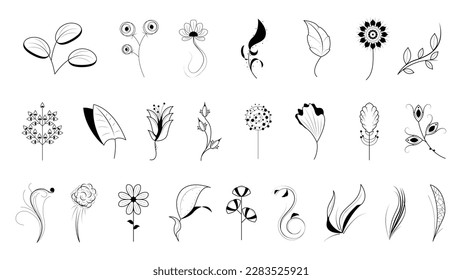 Big Abstract Set Doodle Elements Hand Drawn Collection Botanic Herbal Flora Leaf Branch Vine Flower Plant Elements F Vector Desgin Style