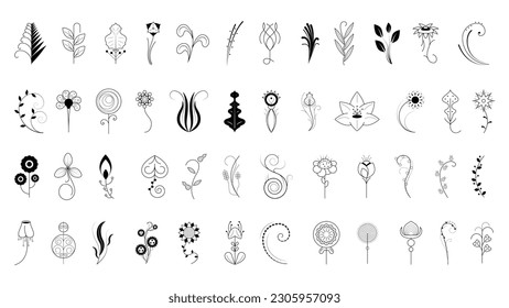 Big Abstract Set Doodle Elements Hand Drawn Collection Botanic Herbal Flora Leaf Branch Vine Flower Plant Elements F Vector Desgin Style