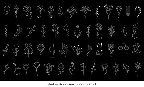 Große abstrakte Set Doodle Elements handgezeichnete Sammlung Botanische Pflanzenflora Leaf Branch Weinblütenpflanzenelemente F Vektordesign-Stil