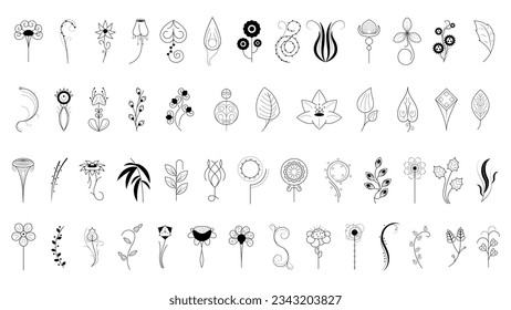 Big Abstract Set Doodle Elements Hand Drawn Collection Botanic Herbal Flora Leaf Branch Vine Flower Plant Elements F Vector Desgin Style