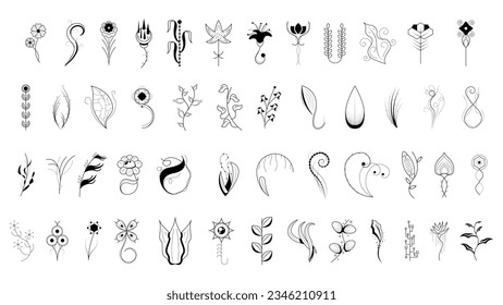 Big Abstract Set Doodle Elements Hand Drawn Collection Botanic Herbal Flora Leaf Branch Vine Flower Plant Elements F Vector Desgin Style