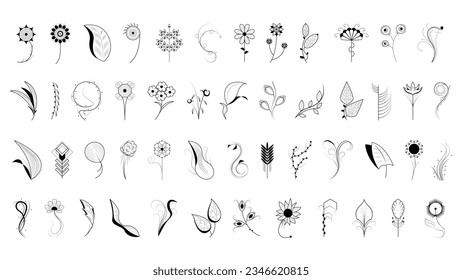 Big Abstract Set Doodle Elements Hand Drawn Collection Botanic Herbal Flora Leaf Branch Vine Flower Plant Elements F Vector Desgin Style