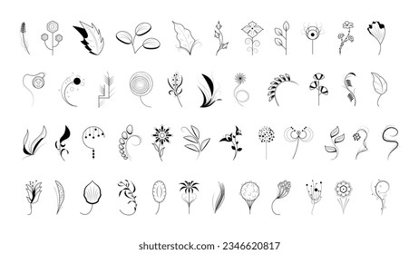 Big Abstract Set Doodle Elements Hand Drawn Collection Botanic Herbal Flora Leaf Branch Vine Flower Plant Elements F Vector Desgin Style