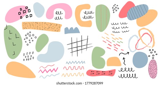 Big abstract set of hand drawn various shapes and doodle objects. Abstract contemporary modern trendy sock vector illustration isolated on white background.  Design for card, print on clothes.