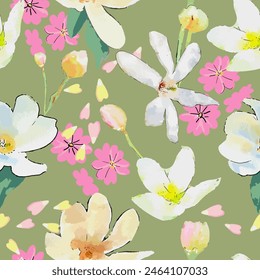 Big abstract watercolor magnolia flowers and buds. Plant background for fashion, wallpapers, print. Trendy floral design