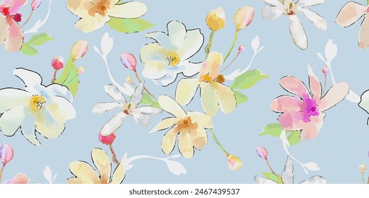 Big abstract watercolor magnolia flowers and buds. Plant background for fashion, wallpapers, print. Trendy floral design