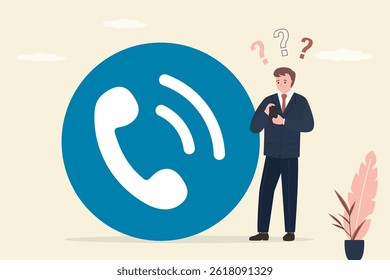 Big Accept Button. Businessman uses mobile phone and receive incoming call. Phone Call. Communication concept. Choice - to answer or not to answer the call. flat vector illustration