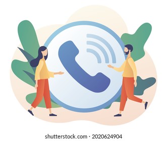 Big Accept Button. Tiny people receive incoming call. Phone Call. Communication concept. Modern flat cartoon style. Vector illustration on white background