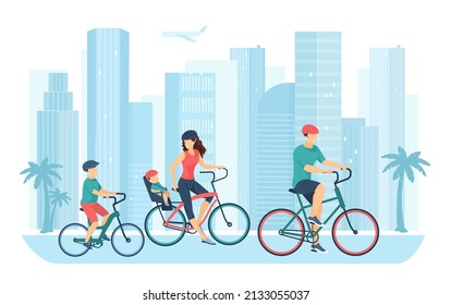 Big active family with kids ride bicycles on city street. Group of happy cyclists traveling, young parents and children enjoy fun weekend flat vector illustration. Sport, healthy lifestyle concept