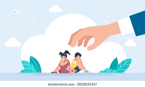 Big adult hand threatening crying frightened children. Stop domestic abuse, child violence concept, danger threat and protection of kids rights, social help support. Vector illustration
