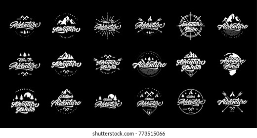 Big Adventure lettering set logos. Vintage logos with mountains, bonfires and arrows. Vector logos for your design.