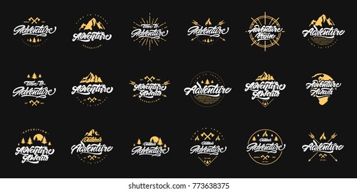 Big Adventure lettering set logos with gold illustrations. Vintage logotype with mountains, bonfires and arrows. Vector for your design.