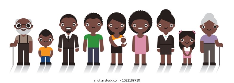 Big African American family. Father, mother, grandfather,grandmother, son and daughter. Vector illustration flat design isolated on white background