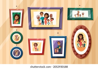 Big African American family photos portraits in colored frames on wall. Mother and father with baby, grandparents and children. Vector cartoon flat illustration