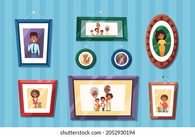 Big African American family photos portraits in colored frames on wall. Mother and father with baby, grandparents and children. Vector cartoon flat illustration