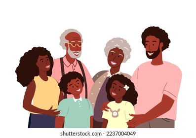 Big African Family.Supporting,loving Happy senior parents,adult daughter, son,kids,grandchildren portrait.Harmony in healthy bonding relationships.Flat vector illustration isolated on white background