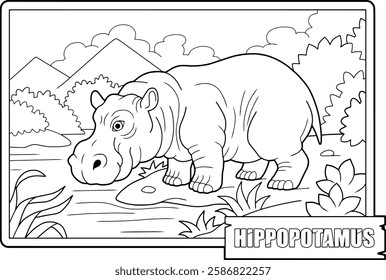 Big African hippopotamus, coloring page for kids