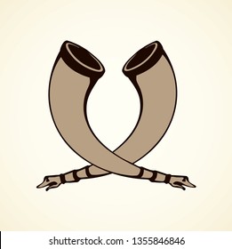 Big aged cow bone tusk beer bowl on white backdrop. Freehand line black ink hand drawn folk object design logo emblem sketch in archaic art doodle style pen on paper. Close up view with space for text