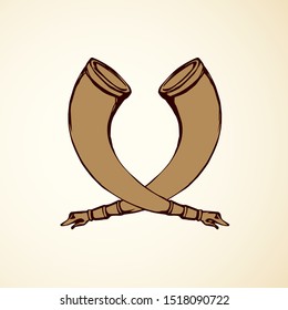 Big aged cow bone tusk beer bowl on white backdrop. Freehand line black ink hand drawn folk object design logo emblem sketch in archaic art doodle style pen on paper. Close up view with space for text