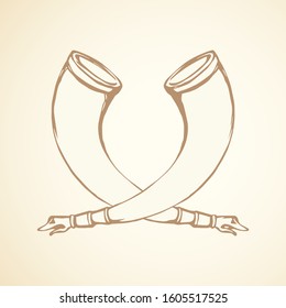 Big aged cow bone tusk beer bowl on white backdrop. Freehand line black ink hand drawn folk object design logo emblem sketch in archaic art doodle style pen on paper. Close up view with space for text