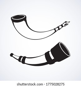 Big aged cow bone tusk beer bowl on white backdrop. Freehand line black ink hand drawn folk object design logo emblem sketch in archaic art doodle style pen on paper. Close up view with space for text