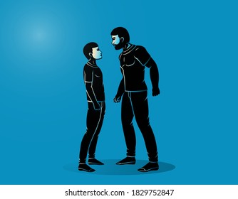 Big Aggressive Guy Threatening The Little Guy. Conflict Situation
 Vector Illustration On A Blue Background