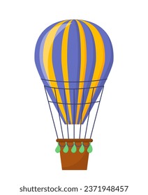 Big air balloon concept. Blue and yellow sky transport with bags with sand. Travel and flight. Template and layout. Cartoon flat vector illustration isolated on white background