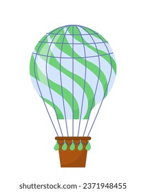 Big air balloon concept. Green and white sky transport with bags with sand. Romantic travel outdoor. Sticker for social networks. Cartoon flat vector illustration isolated on white background