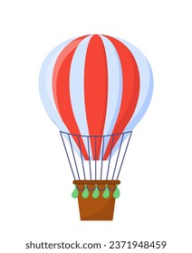 Gran concepto de globo de aire. Transporte por cielo rojo y blanco con bolsas de arena. Viajes y vuelos. Elemento gráfico para el sitio web. Dibujo vectorial plano de dibujos animados aislado en fondo blanco