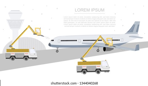 Big aircraft deicing banner template with space for your text. Deicer truck and airplane vector illustration isolated on white.