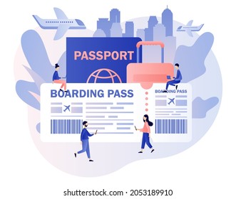 Big Airline boarding pass ticket. Tiny people booking flights travel online. Buy ticket online. International airline. Modern flat cartoon style. Vector illustration on white background