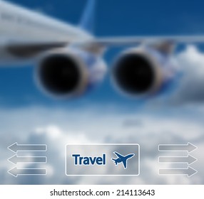 Big airliner in the blue sky with clouds. Vector Illustration.
