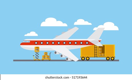 big airplane with cargo container over sky background. export and import design. vector illustration