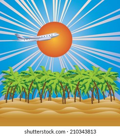 Big airplane fly over tropical island with palm trees.