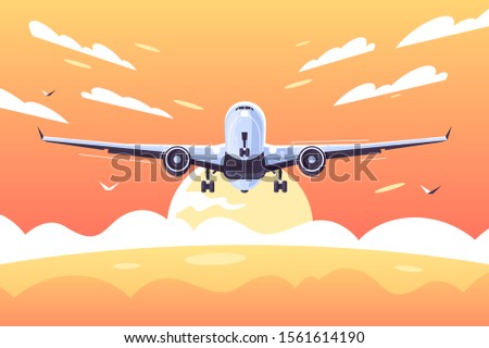 Big airplane taking off with passengers vector illustration. Aircraft landing with clouds in the sky at sunset along golden ocean flat style design. Plane concept