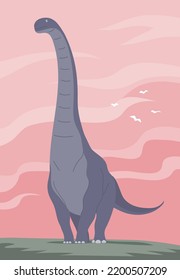 Big alamosaurus with a long neck and tail. Herbivorous dinosaur sauropod of the Jurassic period. Prehistoric lizard. Vector cartoon illustration