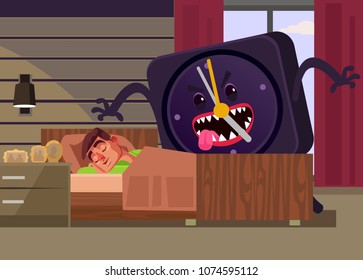 Big alarm clock monster attack sleeping tired office worker man character. Monday morning late concept. Vector flat cartoon illustration