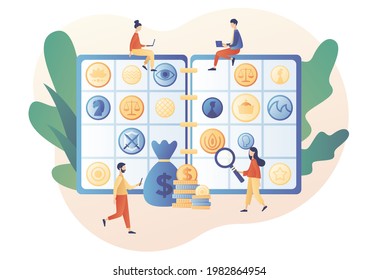 Big album for old rare collectible coins. Numismatics. Tiny people numismatists collect, selling or buying ancient coins. Hobby or profession. Modern flat cartoon style. Vector illustration