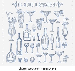 big alcoholic beverages set. vector drinks and cocktail