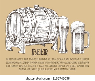 Big ale barrel, full pilsner glass and mug with foam vintage hand drawn vector illustration. Sketch style poster with text sample for brew house.