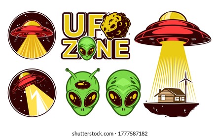 Big Aliens logo set. Ufo Day. Colorful badges with spaceships. Vector design 