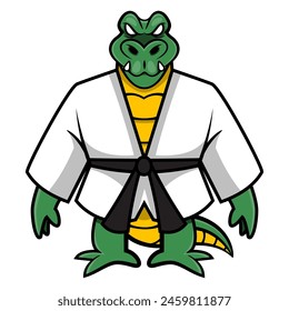 Los personajes de dibujos animados Big Alligator con uniforme de karate y cinturón se preparan para el combate. Ideal para pegatina, logotipo y mascota con temas de artes marciales para niños