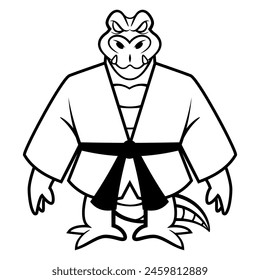 Los personajes de dibujos animados Big Alligator con uniforme de karate y cinturón se preparan para el combate. Ideal para delinear, logotipo y libro para colorear con temas de artes marciales para niños