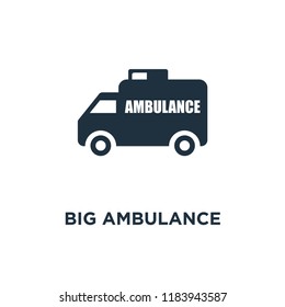 Big Ambulance Facing Left icon. Black filled vector illustration. Big Ambulance Facing Left symbol on white background. Can be used in web and mobile.