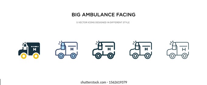 big ambulance facing left icon in different style vector illustration. two colored and black big ambulance facing left vector icons designed in filled, outline, line and stroke style can be used for