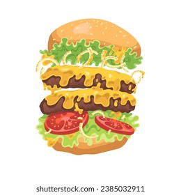 Una gran hamburguesa norteamericana vuela. Deliciosa hamburguesa con pan, carne, cebolla, queso, ensalada, tomate. Nutrición dañina, comida rápida, comida sabrosa. Ilustración vectorial aislada plana sobre fondo blanco.